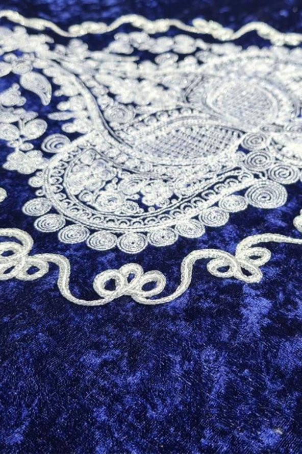 Verna Süzene İşlemeli Kadife Seccade Lacivert - Resim 12