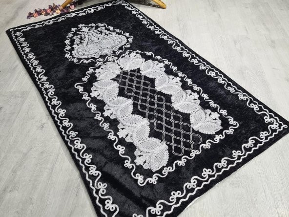 Verna Süzene İşlemeli Kadife Seccade Siyah - 8