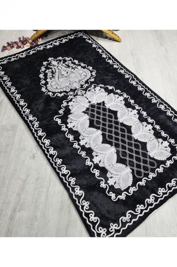 Verna Süzene İşlemeli Kadife Seccade Siyah - 9