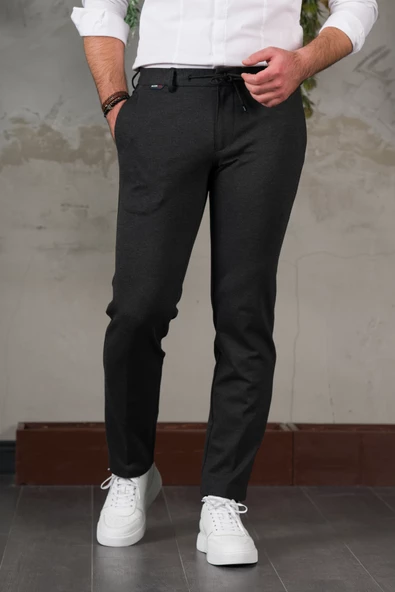 ECER LİKRALI BELİ LASTİKLİ İPLİKLİ KIŞLIK KUMAŞ ERKEK JOGGER PANTOLON - 8