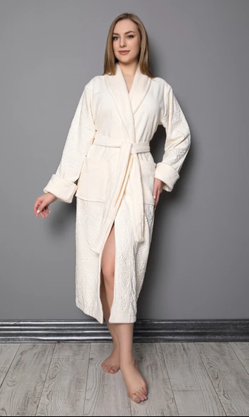 Krem Şal Yaka Eteği Jakarlı Bambu Pamuklu Bayan Bornozu - Resim 2