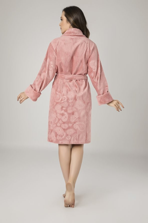 Pudra Eteği Jakarlı Bambo Cotton Bayan Bornoz - 2
