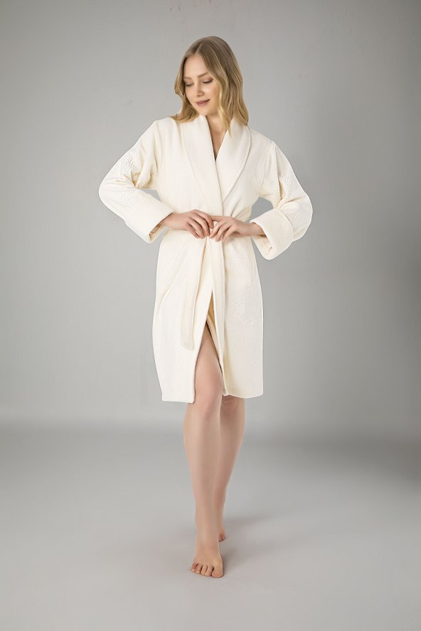 Pudra Eteği Jakarlı Bambo Cotton Bayan Bornoz - 3