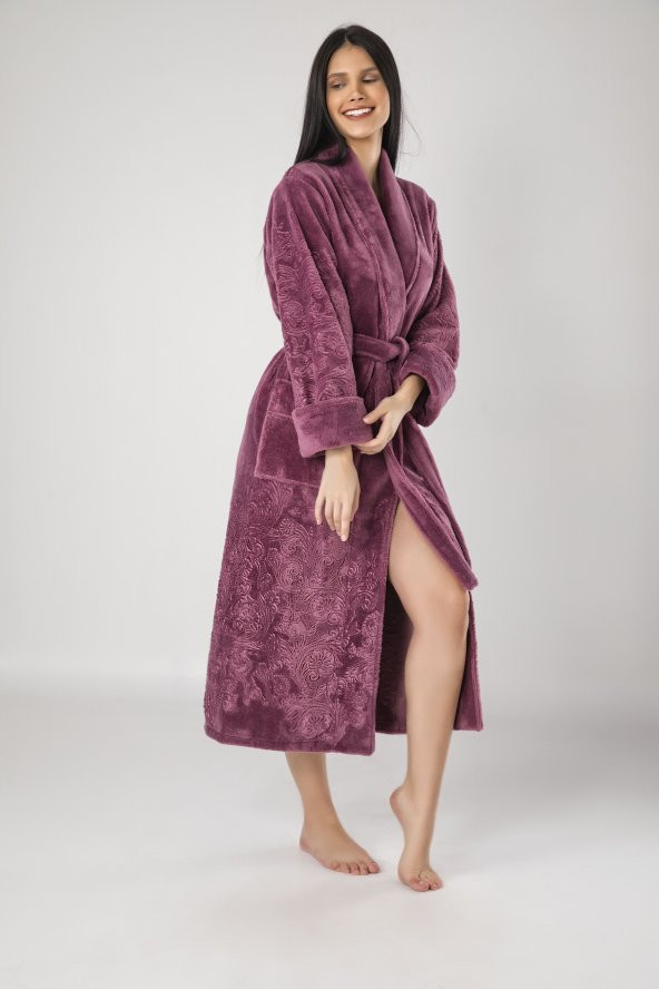Krem Eteği Kolu Jakarlı Bambo Cotton Bayan Bornozu - 3