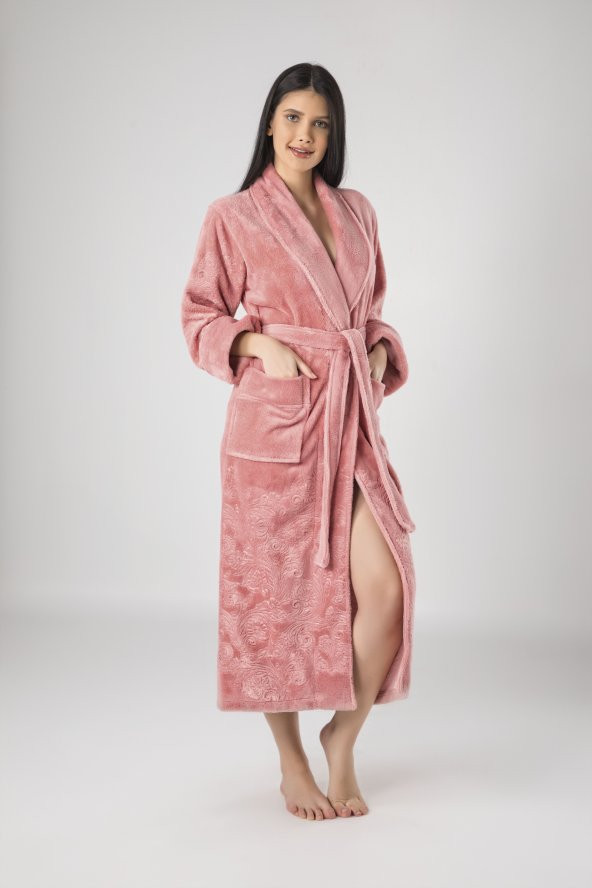 Krem Eteği Kolu Jakarlı Bambo Cotton Bayan Bornozu - 5