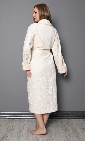 Krem Şal Yaka Eteği Jakarlı Bambu Pamuklu Bayan Bornozu - Resim 4