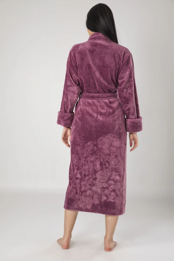 Krem Eteği Kolu Jakarlı Bambo Cotton Bayan Bornozu - 4