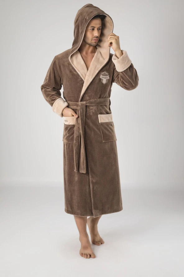 Nuşa SPORTS Nakışlı Kapşonlu Erkek Bornozu