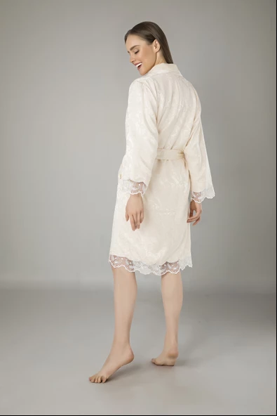 Lacivert Saten Bukle Bambu Cotton Bayan Bornozu - 6