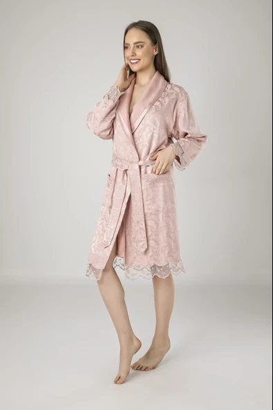 Lacivert Saten Bukle Bambu Cotton Bayan Bornozu - 3