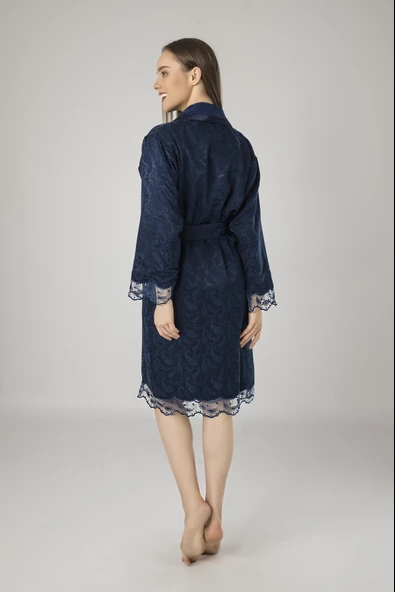 Lacivert Saten Bukle Bambu Cotton Bayan Bornozu - 2