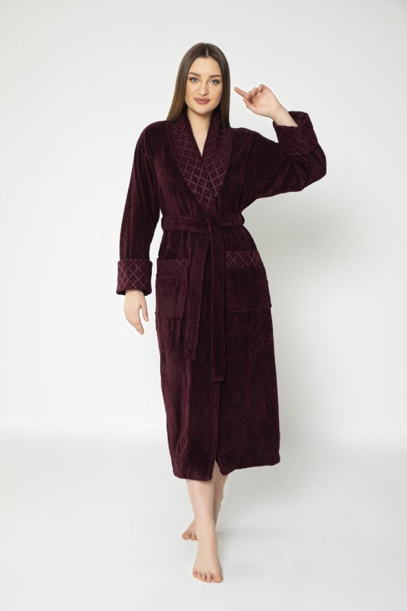 Bordo Yaka Kapitone Triga Bambu Cotton Bayan Bornozu - Resim 2