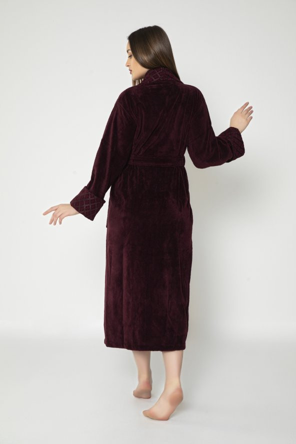 Bordo Yaka Kapitone Triga Bambu Cotton Bayan Bornozu - Resim 3