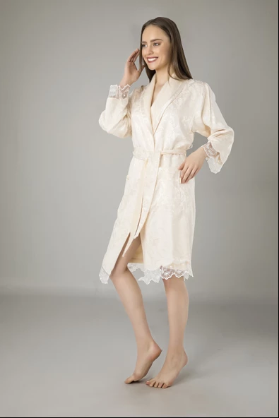 Lacivert Saten Bukle Bambu Cotton Bayan Bornozu - 5