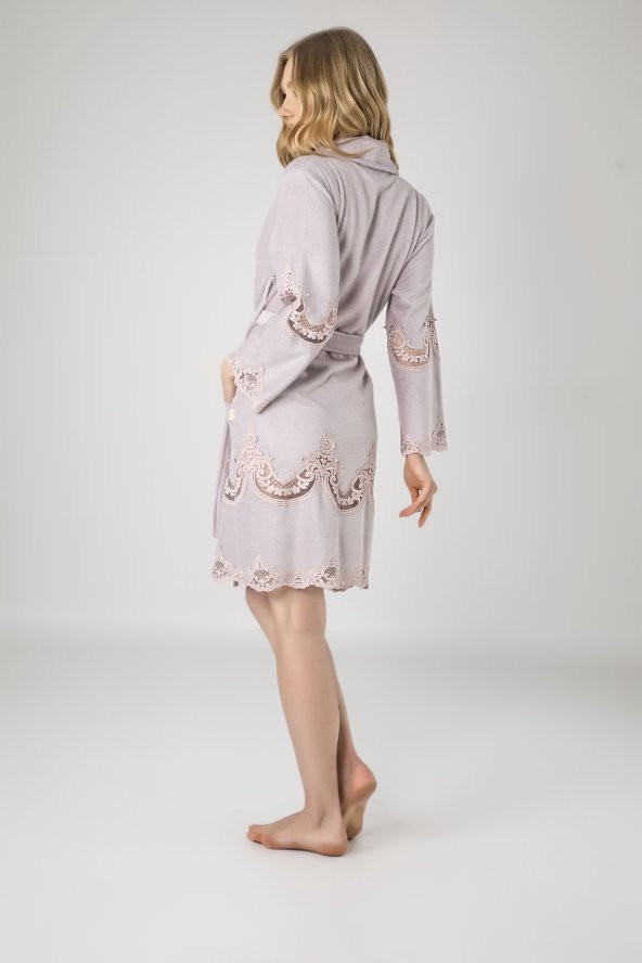 A.Lila Dantelli Bambo Cotton Bayan Bornozu - Resim 2