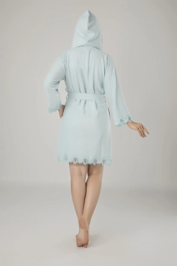 Mint Yeşili Dantelli Bambo Cotton Bayan Bornozu - 2