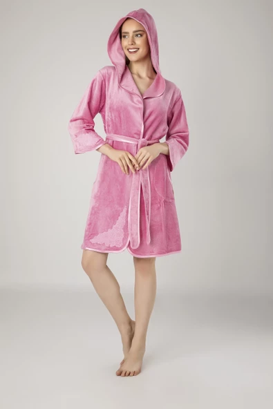 Nakışlı Pamuklu Bayan Bornozu - 5