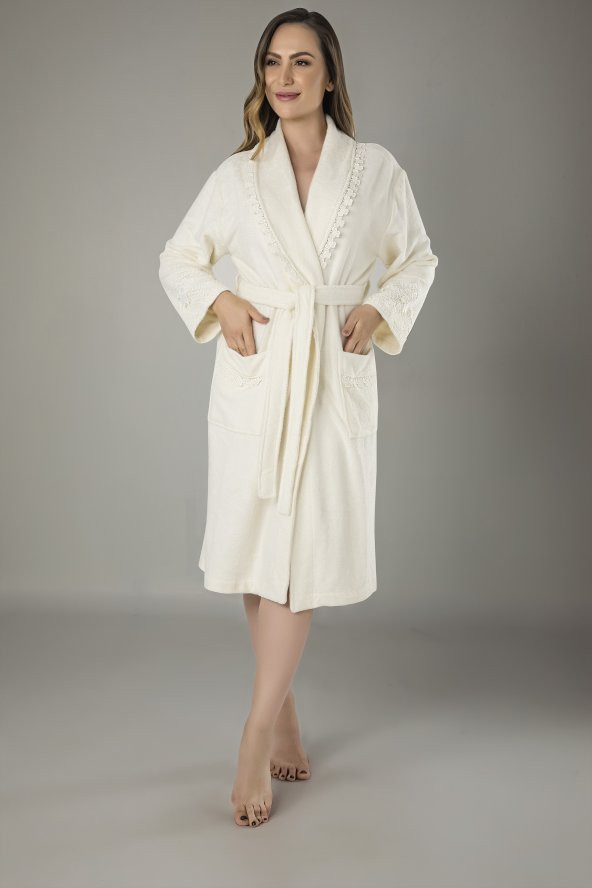 Krem Dantelli Bambu Cotton Bayan Bornozu