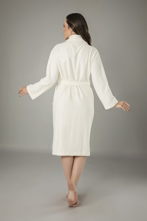 Krem Dantelli Bambu Cotton Bayan Bornozu - 2