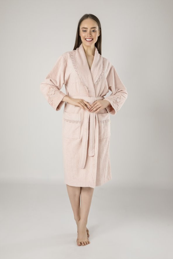 Krem Dantelli Bambu Cotton Bayan Bornozu - 3