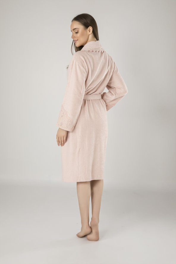 Krem Dantelli Bambu Cotton Bayan Bornozu - 4