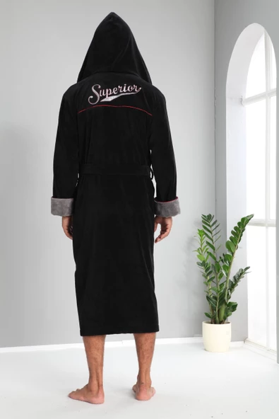 Nuşa SUPERİOR Nakışlı Kapşonlu Erkek Bornozu - 5