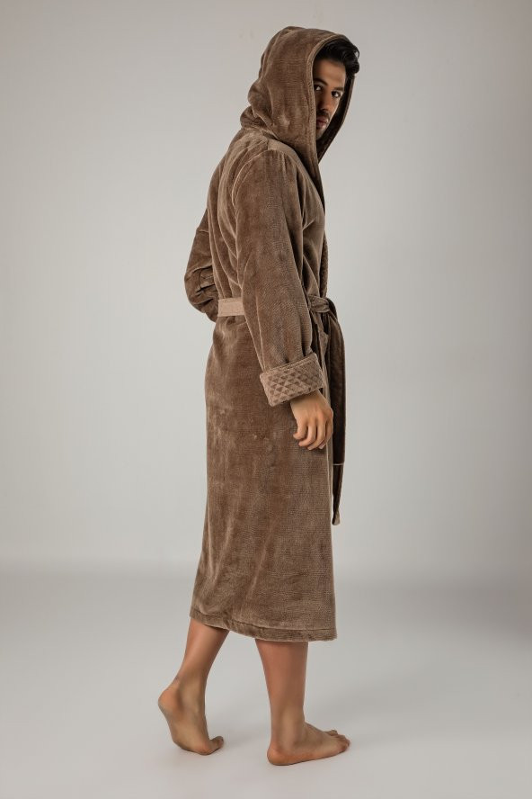 Koyu Kahverengi Kapüşonlu Yaka Piramit Jakar Bambu Pamuklu Bornoz - 10