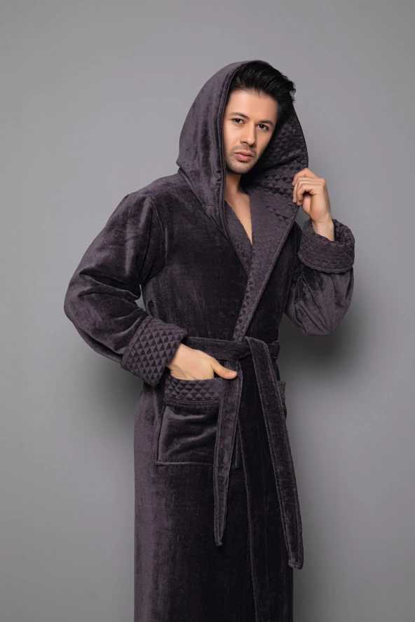 Koyu Kahverengi Kapüşonlu Yaka Piramit Jakar Bambu Pamuklu Bornoz - 2
