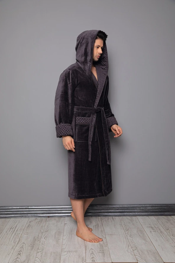 Koyu Kahverengi Kapüşonlu Yaka Piramit Jakar Bambu Pamuklu Bornoz - 3