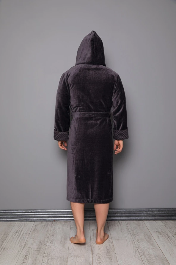 Koyu Kahverengi Kapüşonlu Yaka Piramit Jakar Bambu Pamuklu Bornoz - 4