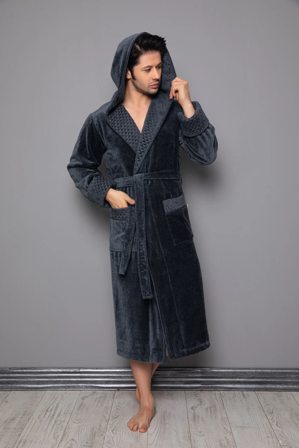 Koyu Kahverengi Kapüşonlu Yaka Piramit Jakar Bambu Pamuklu Bornoz - 5