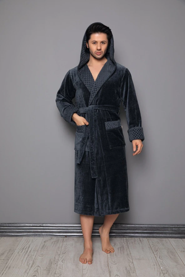 Koyu Kahverengi Kapüşonlu Yaka Piramit Jakar Bambu Pamuklu Bornoz - 6