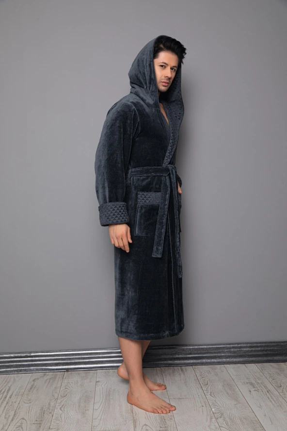 Koyu Kahverengi Kapüşonlu Yaka Piramit Jakar Bambu Pamuklu Bornoz - 7