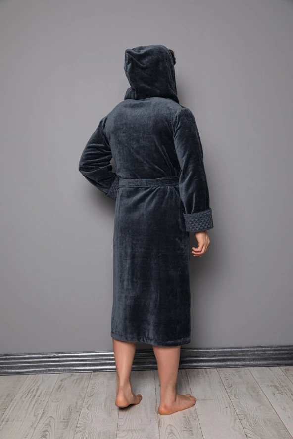 Koyu Kahverengi Kapüşonlu Yaka Piramit Jakar Bambu Pamuklu Bornoz - 8