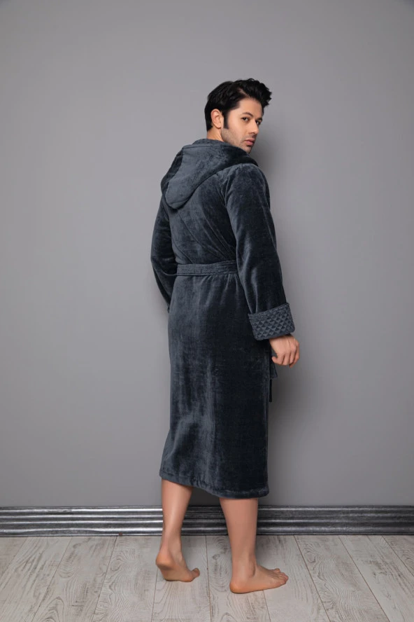 Koyu Kahverengi Kapüşonlu Yaka Piramit Jakar Bambu Pamuklu Bornoz - 9