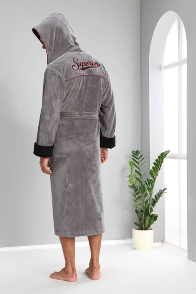 Nuşa SUPERİOR Nakışlı Kapşonlu Erkek Bornozu - 3