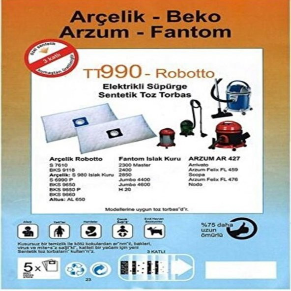 abnturk Özel Üretim 5 Adet Jumbo 4400-Jumbo 4600 Süpürge Toz Torbası 100 Toz Korumalı 3 Kat Elyaf