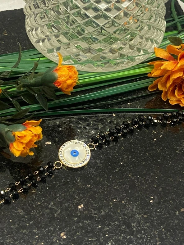 Aksesuar Çarşısı Siyah Kristal Taşlı Nazar Boncuk Detaylı Bileklik ürün görseli