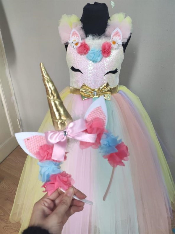 Unicorn Çocuk Kostümü - Unicorn Pony Kostümü ve Taç Seti 5-7 Yaş