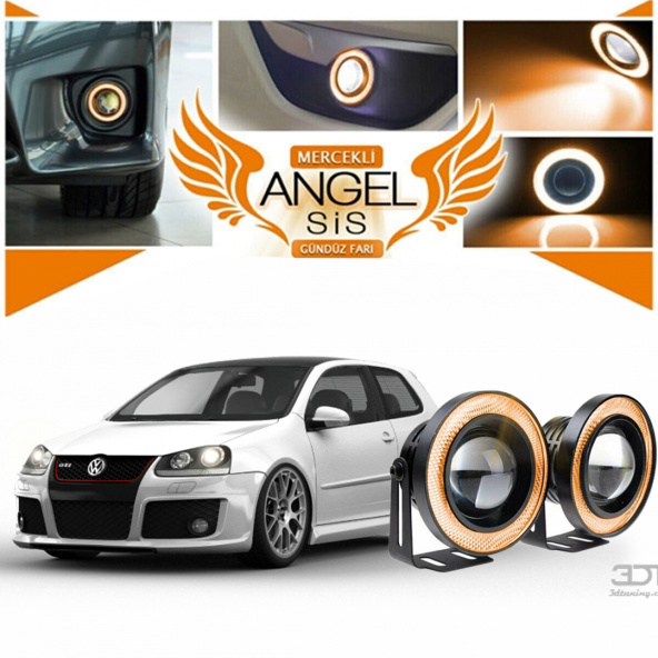 Volkswagen Golf 5 Uyumlu, Universal Mercekli Led Angel Sis Farı, 76mm Turuncu Renk