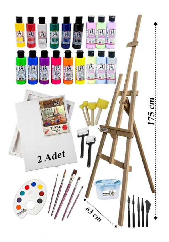 Akrilik Boya Resim Seti Südor Monalisa 18 Renk 70 ml Akrilik Boya 2 Tuval 25x35 Fırça Spatula Şövale