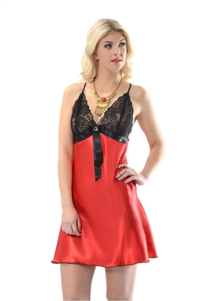 Sistina Bayan Siyah Dantelli Kırmızı Saten Kısa Gecelik M-383 - Resim 6