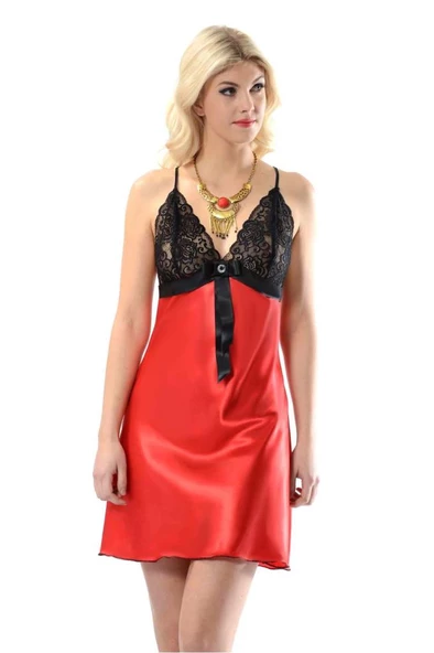 Sistina Bayan Siyah Dantelli Kırmızı Saten Kısa Gecelik M-383 - Resim 9