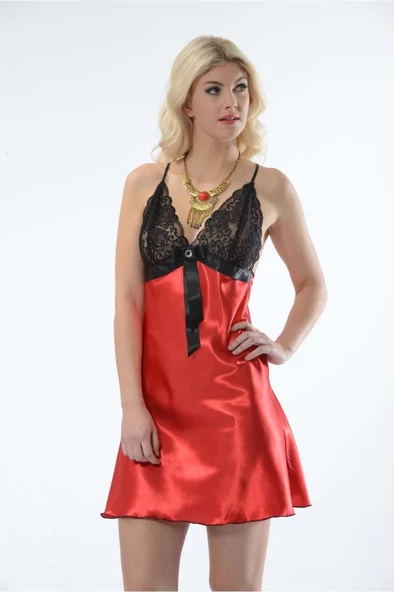 Sistina Bayan Siyah Dantelli Kırmızı Saten Kısa Gecelik M-383 - Resim 4