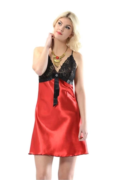 Sistina Bayan Siyah Dantelli Kırmızı Saten Kısa Gecelik M-383 - Resim 12