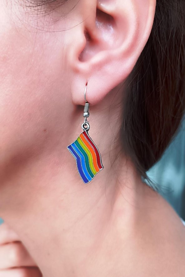 Mineli Gökkuşağı Pride Bayrak Şekilli Unisex Küpe Çift Adet Gümüş Kaplama El Yapımı Unisex Küpe - 2