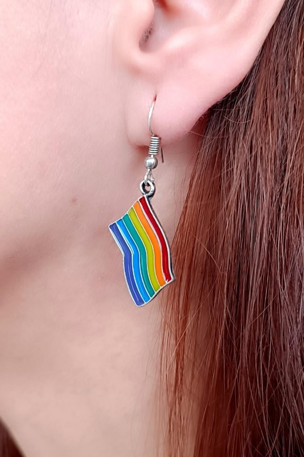 Mineli Gökkuşağı Pride Bayrak Şekilli Unisex Küpe Çift Adet Gümüş Kaplama El Yapımı Unisex Küpe - 3