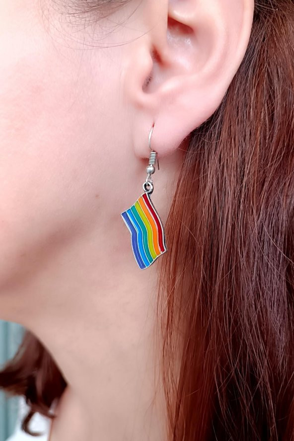 Mineli Gökkuşağı Pride Bayrak Şekilli Unisex Küpe Çift Adet Gümüş Kaplama El Yapımı Unisex Küpe - 4