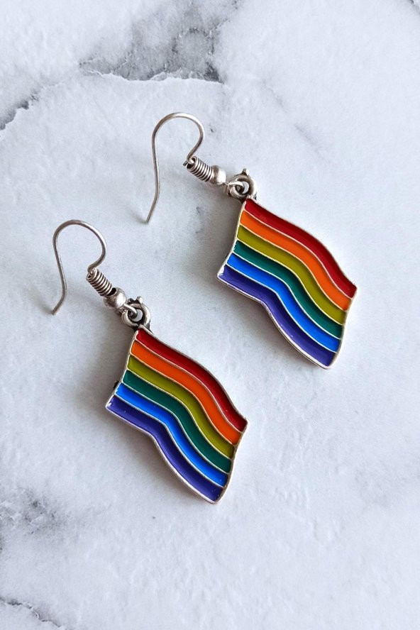 Mineli Gökkuşağı Pride Bayrak Şekilli Unisex Küpe Çift Adet Gümüş Kaplama El Yapımı Unisex Küpe - 5