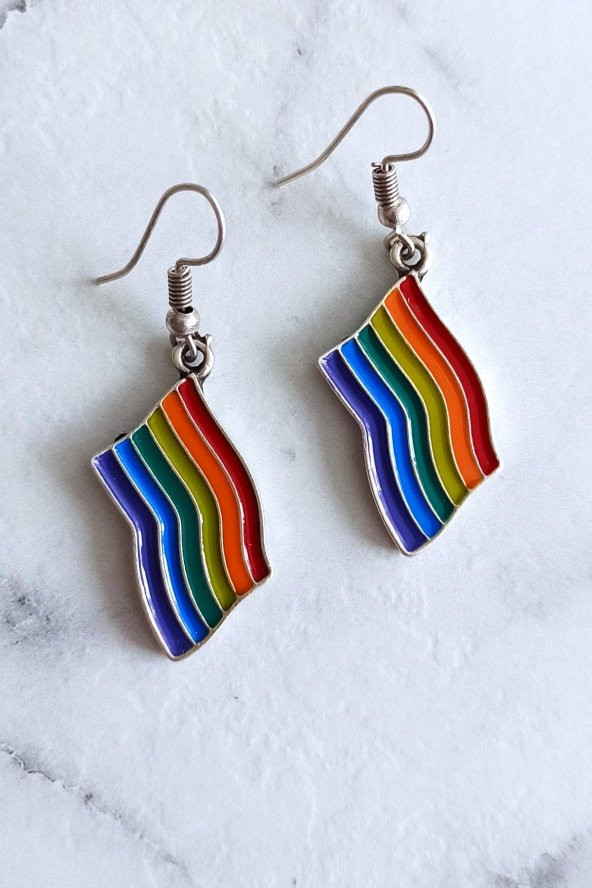 Mineli Gökkuşağı Pride Bayrak Şekilli Unisex Küpe Çift Adet Gümüş Kaplama El Yapımı Unisex Küpe - 6